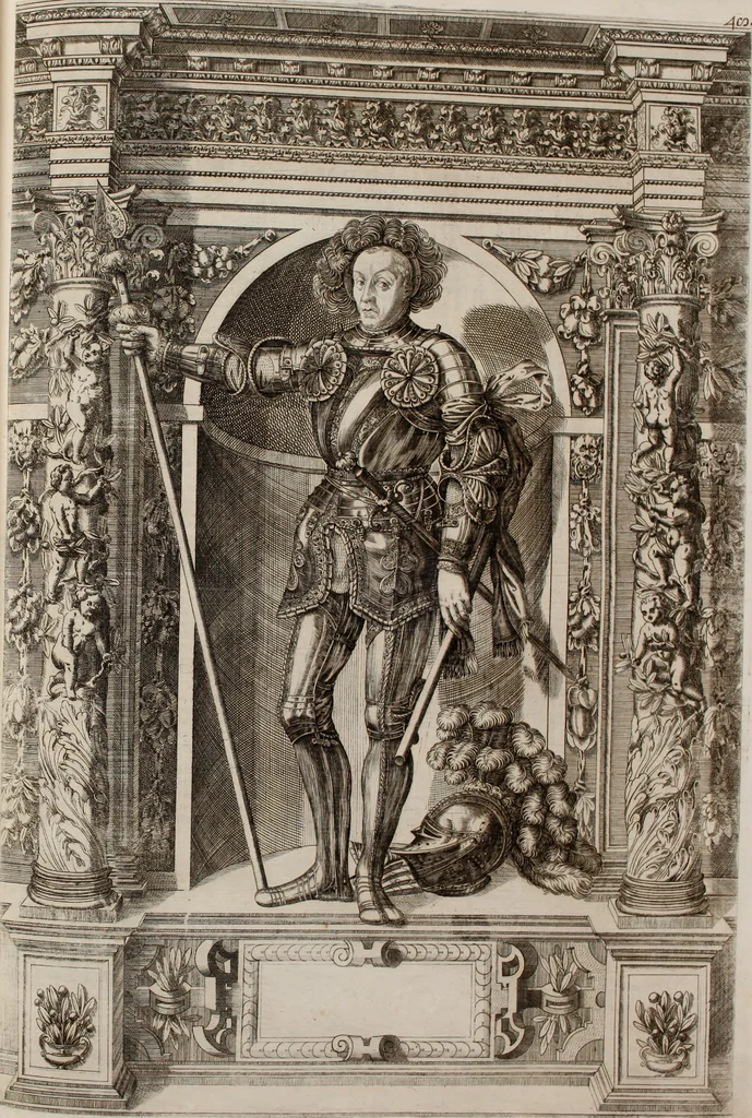 An illustration from Augustissimorum imperatorum, serenissimorum regum, atque archiducum, illustrissimorum principum, necnon comitum, baronum, nobilium, aliorumq[ue] clarissimorum virorum, qui aut ipsi cum imperio bellorum duces fuerunt, aut in iisdem præfecturis insignioribus laudabiliter functi sunt, verissimæ imagines, & rerum ab ipsis domi, forisq[ue] gestarum succinctæ descriptiones. Quorum arma, aut integra, aut horum partes, quibus induti, vsique aduersus hostem heroica facinora patrarunt, aut quorum auspiciis tàm prospera quàm aduersa fortuna res magnæ gestæ sunt, à serenissimo principe Ferdinando, archiduce Austriæ, duce Burgundiæ, comte Habspurgi & Tyrolis &c. ex omnibus ferè orbis terrarum prouinciis partim conquista, partim ab illorum hæredibus & successoribus transmissa, in celebri Ambrosianæ arcis armamentario, à sua serenitate non procul ciutate Oenipontana extructo, conspiciuntur, 1601, leaf 108