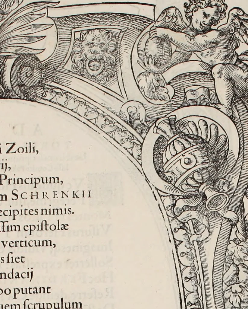 An illustration from Augustissimorum imperatorum, serenissimorum regum, atque archiducum, illustrissimorum principum, necnon comitum, baronum, nobilium, aliorumq[ue] clarissimorum virorum, qui aut ipsi cum imperio bellorum duces fuerunt, aut in iisdem præfecturis insignioribus laudabiliter functi sunt, verissimæ imagines, & rerum ab ipsis domi, forisq[ue] gestarum succinctæ descriptiones. Quorum arma, aut integra, aut horum partes, quibus induti, vsique aduersus hostem heroica facinora patrarunt, aut quorum auspiciis tàm prospera quàm aduersa fortuna res magnæ gestæ sunt, à serenissimo principe Ferdinando, archiduce Austriæ, duce Burgundiæ, comte Habspurgi & Tyrolis &c. ex omnibus ferè orbis terrarum prouinciis partim conquista, partim ab illorum hæredibus & successoribus transmissa, in celebri Ambrosianæ arcis armamentario, à sua serenitate non procul ciutate Oenipontana extructo, conspiciuntur, 1601, leaf 11