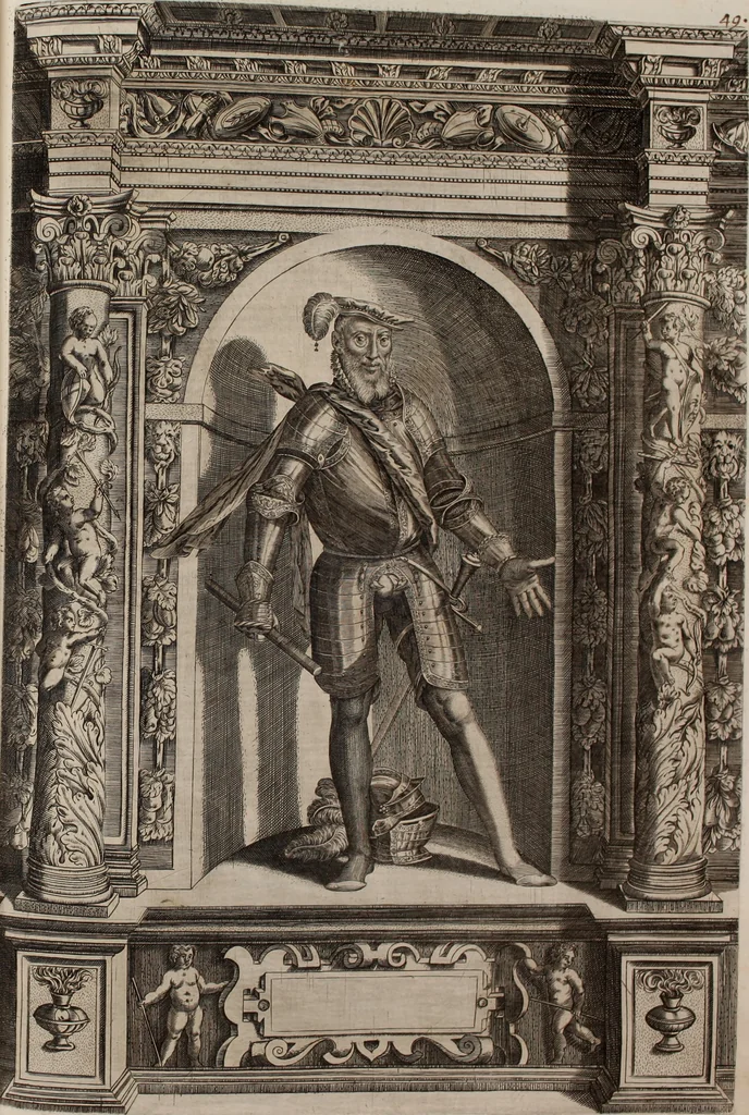 An illustration from Augustissimorum imperatorum, serenissimorum regum, atque archiducum, illustrissimorum principum, necnon comitum, baronum, nobilium, aliorumq[ue] clarissimorum virorum, qui aut ipsi cum imperio bellorum duces fuerunt, aut in iisdem præfecturis insignioribus laudabiliter functi sunt, verissimæ imagines, & rerum ab ipsis domi, forisq[ue] gestarum succinctæ descriptiones. Quorum arma, aut integra, aut horum partes, quibus induti, vsique aduersus hostem heroica facinora patrarunt, aut quorum auspiciis tàm prospera quàm aduersa fortuna res magnæ gestæ sunt, à serenissimo principe Ferdinando, archiduce Austriæ, duce Burgundiæ, comte Habspurgi & Tyrolis &c. ex omnibus ferè orbis terrarum prouinciis partim conquista, partim ab illorum hæredibus & successoribus transmissa, in celebri Ambrosianæ arcis armamentario, à sua serenitate non procul ciutate Oenipontana extructo, conspiciuntur, 1601, leaf 110