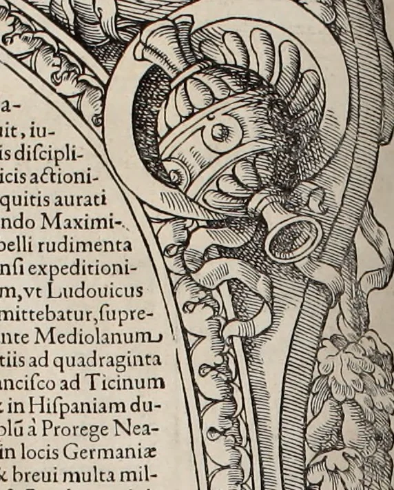 An illustration from Augustissimorum imperatorum, serenissimorum regum, atque archiducum, illustrissimorum principum, necnon comitum, baronum, nobilium, aliorumq[ue] clarissimorum virorum, qui aut ipsi cum imperio bellorum duces fuerunt, aut in iisdem præfecturis insignioribus laudabiliter functi sunt, verissimæ imagines, & rerum ab ipsis domi, forisq[ue] gestarum succinctæ descriptiones. Quorum arma, aut integra, aut horum partes, quibus induti, vsique aduersus hostem heroica facinora patrarunt, aut quorum auspiciis tàm prospera quàm aduersa fortuna res magnæ gestæ sunt, à serenissimo principe Ferdinando, archiduce Austriæ, duce Burgundiæ, comte Habspurgi & Tyrolis &c. ex omnibus ferè orbis terrarum prouinciis partim conquista, partim ab illorum hæredibus & successoribus transmissa, in celebri Ambrosianæ arcis armamentario, à sua serenitate non procul ciutate Oenipontana extructo, conspiciuntur, 1601, leaf 111