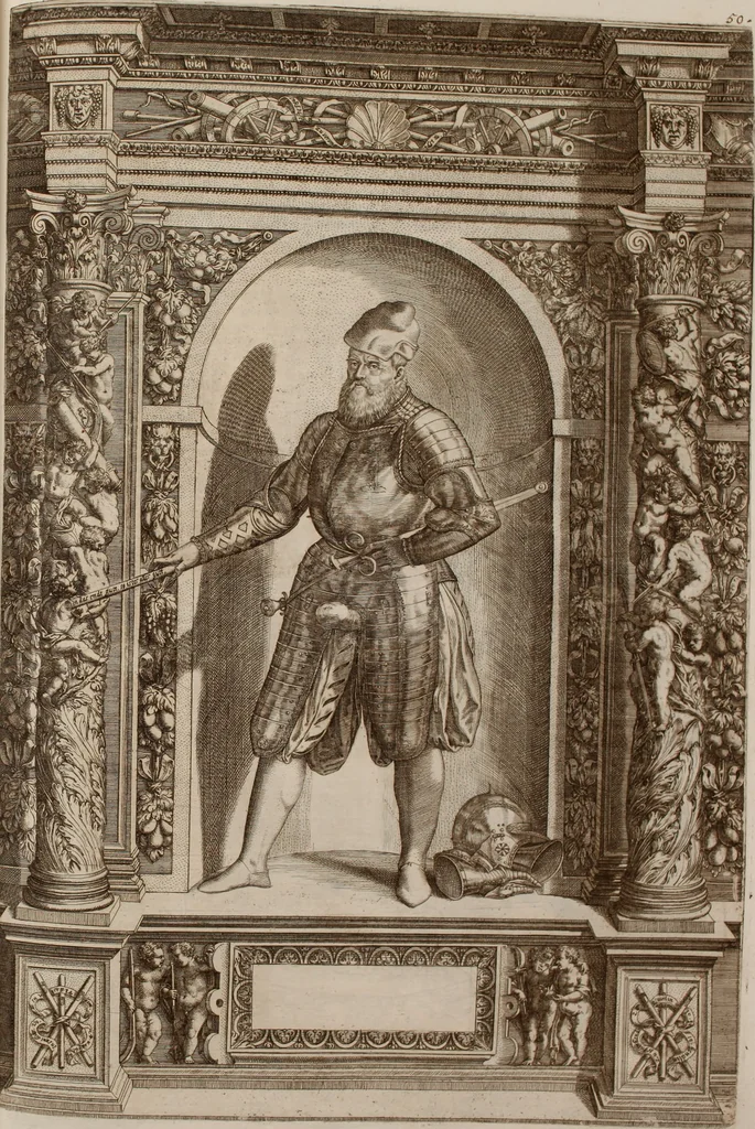 An illustration from Augustissimorum imperatorum, serenissimorum regum, atque archiducum, illustrissimorum principum, necnon comitum, baronum, nobilium, aliorumq[ue] clarissimorum virorum, qui aut ipsi cum imperio bellorum duces fuerunt, aut in iisdem præfecturis insignioribus laudabiliter functi sunt, verissimæ imagines, & rerum ab ipsis domi, forisq[ue] gestarum succinctæ descriptiones. Quorum arma, aut integra, aut horum partes, quibus induti, vsique aduersus hostem heroica facinora patrarunt, aut quorum auspiciis tàm prospera quàm aduersa fortuna res magnæ gestæ sunt, à serenissimo principe Ferdinando, archiduce Austriæ, duce Burgundiæ, comte Habspurgi & Tyrolis &c. ex omnibus ferè orbis terrarum prouinciis partim conquista, partim ab illorum hæredibus & successoribus transmissa, in celebri Ambrosianæ arcis armamentario, à sua serenitate non procul ciutate Oenipontana extructo, conspiciuntur, 1601, leaf 112