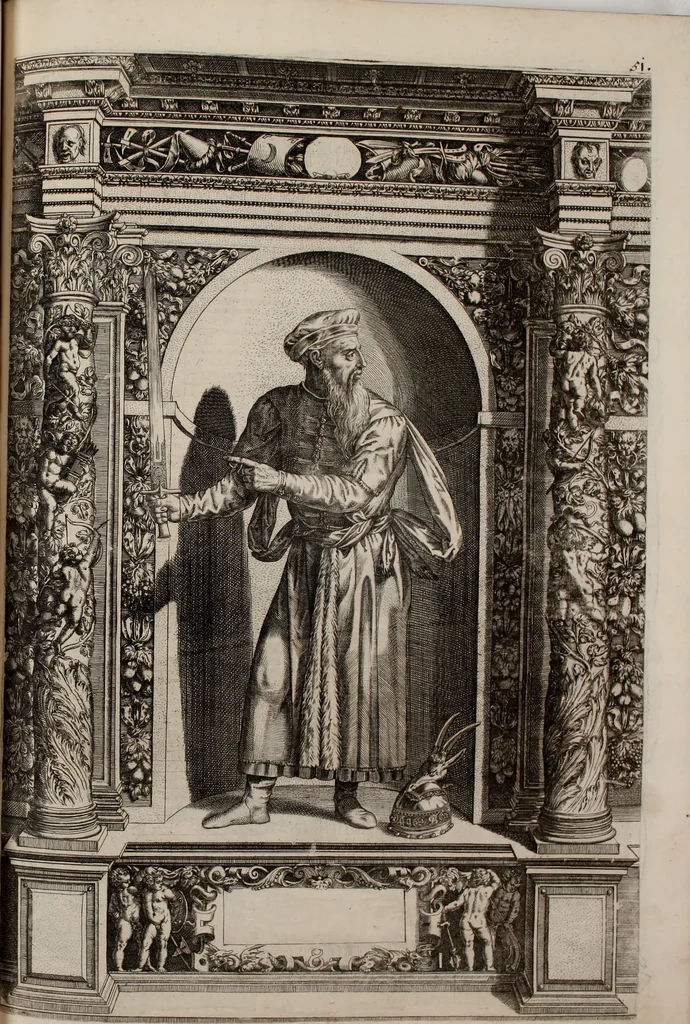 An illustration from Augustissimorum imperatorum, serenissimorum regum, atque archiducum, illustrissimorum principum, necnon comitum, baronum, nobilium, aliorumq[ue] clarissimorum virorum, qui aut ipsi cum imperio bellorum duces fuerunt, aut in iisdem præfecturis insignioribus laudabiliter functi sunt, verissimæ imagines, & rerum ab ipsis domi, forisq[ue] gestarum succinctæ descriptiones. Quorum arma, aut integra, aut horum partes, quibus induti, vsique aduersus hostem heroica facinora patrarunt, aut quorum auspiciis tàm prospera quàm aduersa fortuna res magnæ gestæ sunt, à serenissimo principe Ferdinando, archiduce Austriæ, duce Burgundiæ, comte Habspurgi & Tyrolis &c. ex omnibus ferè orbis terrarum prouinciis partim conquista, partim ab illorum hæredibus & successoribus transmissa, in celebri Ambrosianæ arcis armamentario, à sua serenitate non procul ciutate Oenipontana extructo, conspiciuntur, 1601, leaf 114