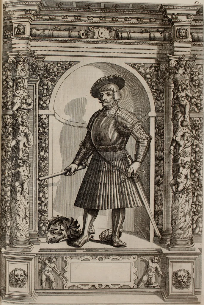 An illustration from Augustissimorum imperatorum, serenissimorum regum, atque archiducum, illustrissimorum principum, necnon comitum, baronum, nobilium, aliorumq[ue] clarissimorum virorum, qui aut ipsi cum imperio bellorum duces fuerunt, aut in iisdem præfecturis insignioribus laudabiliter functi sunt, verissimæ imagines, & rerum ab ipsis domi, forisq[ue] gestarum succinctæ descriptiones. Quorum arma, aut integra, aut horum partes, quibus induti, vsique aduersus hostem heroica facinora patrarunt, aut quorum auspiciis tàm prospera quàm aduersa fortuna res magnæ gestæ sunt, à serenissimo principe Ferdinando, archiduce Austriæ, duce Burgundiæ, comte Habspurgi & Tyrolis &c. ex omnibus ferè orbis terrarum prouinciis partim conquista, partim ab illorum hæredibus & successoribus transmissa, in celebri Ambrosianæ arcis armamentario, à sua serenitate non procul ciutate Oenipontana extructo, conspiciuntur, 1601, leaf 116