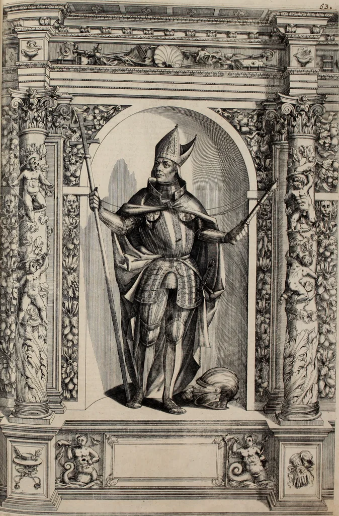 An illustration from Augustissimorum imperatorum, serenissimorum regum, atque archiducum, illustrissimorum principum, necnon comitum, baronum, nobilium, aliorumq[ue] clarissimorum virorum, qui aut ipsi cum imperio bellorum duces fuerunt, aut in iisdem præfecturis insignioribus laudabiliter functi sunt, verissimæ imagines, & rerum ab ipsis domi, forisq[ue] gestarum succinctæ descriptiones. Quorum arma, aut integra, aut horum partes, quibus induti, vsique aduersus hostem heroica facinora patrarunt, aut quorum auspiciis tàm prospera quàm aduersa fortuna res magnæ gestæ sunt, à serenissimo principe Ferdinando, archiduce Austriæ, duce Burgundiæ, comte Habspurgi & Tyrolis &c. ex omnibus ferè orbis terrarum prouinciis partim conquista, partim ab illorum hæredibus & successoribus transmissa, in celebri Ambrosianæ arcis armamentario, à sua serenitate non procul ciutate Oenipontana extructo, conspiciuntur, 1601, leaf 118