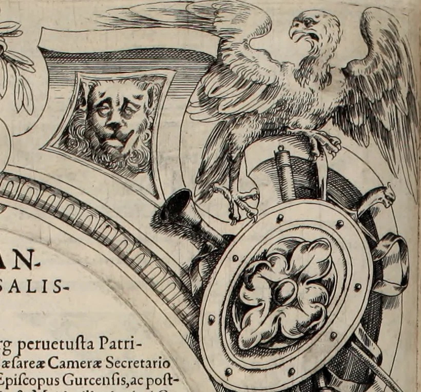 An illustration from Augustissimorum imperatorum, serenissimorum regum, atque archiducum, illustrissimorum principum, necnon comitum, baronum, nobilium, aliorumq[ue] clarissimorum virorum, qui aut ipsi cum imperio bellorum duces fuerunt, aut in iisdem præfecturis insignioribus laudabiliter functi sunt, verissimæ imagines, & rerum ab ipsis domi, forisq[ue] gestarum succinctæ descriptiones. Quorum arma, aut integra, aut horum partes, quibus induti, vsique aduersus hostem heroica facinora patrarunt, aut quorum auspiciis tàm prospera quàm aduersa fortuna res magnæ gestæ sunt, à serenissimo principe Ferdinando, archiduce Austriæ, duce Burgundiæ, comte Habspurgi & Tyrolis &c. ex omnibus ferè orbis terrarum prouinciis partim conquista, partim ab illorum hæredibus & successoribus transmissa, in celebri Ambrosianæ arcis armamentario, à sua serenitate non procul ciutate Oenipontana extructo, conspiciuntur, 1601, leaf 119