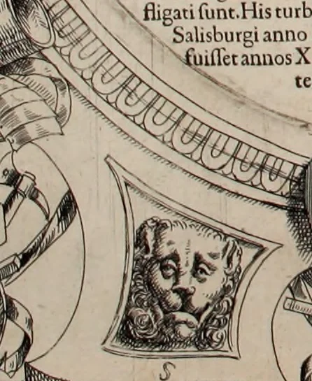 An illustration from Augustissimorum imperatorum, serenissimorum regum, atque archiducum, illustrissimorum principum, necnon comitum, baronum, nobilium, aliorumq[ue] clarissimorum virorum, qui aut ipsi cum imperio bellorum duces fuerunt, aut in iisdem præfecturis insignioribus laudabiliter functi sunt, verissimæ imagines, & rerum ab ipsis domi, forisq[ue] gestarum succinctæ descriptiones. Quorum arma, aut integra, aut horum partes, quibus induti, vsique aduersus hostem heroica facinora patrarunt, aut quorum auspiciis tàm prospera quàm aduersa fortuna res magnæ gestæ sunt, à serenissimo principe Ferdinando, archiduce Austriæ, duce Burgundiæ, comte Habspurgi & Tyrolis &c. ex omnibus ferè orbis terrarum prouinciis partim conquista, partim ab illorum hæredibus & successoribus transmissa, in celebri Ambrosianæ arcis armamentario, à sua serenitate non procul ciutate Oenipontana extructo, conspiciuntur, 1601, leaf 119