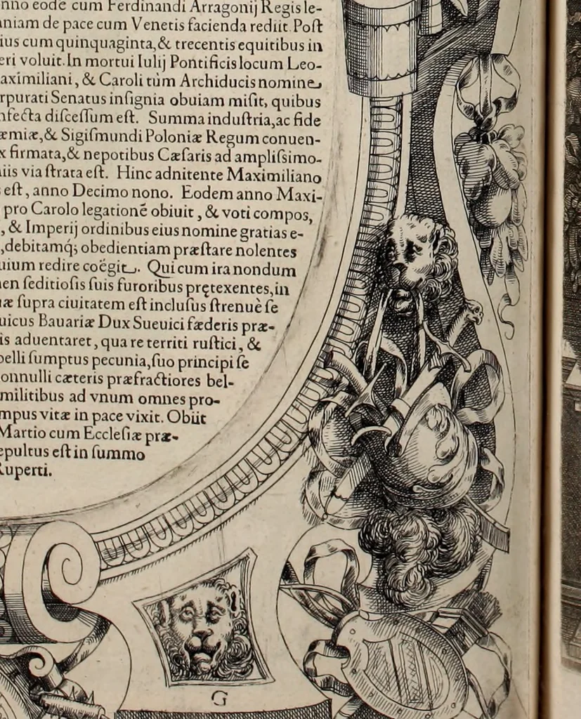 An illustration from Augustissimorum imperatorum, serenissimorum regum, atque archiducum, illustrissimorum principum, necnon comitum, baronum, nobilium, aliorumq[ue] clarissimorum virorum, qui aut ipsi cum imperio bellorum duces fuerunt, aut in iisdem præfecturis insignioribus laudabiliter functi sunt, verissimæ imagines, & rerum ab ipsis domi, forisq[ue] gestarum succinctæ descriptiones. Quorum arma, aut integra, aut horum partes, quibus induti, vsique aduersus hostem heroica facinora patrarunt, aut quorum auspiciis tàm prospera quàm aduersa fortuna res magnæ gestæ sunt, à serenissimo principe Ferdinando, archiduce Austriæ, duce Burgundiæ, comte Habspurgi & Tyrolis &c. ex omnibus ferè orbis terrarum prouinciis partim conquista, partim ab illorum hæredibus & successoribus transmissa, in celebri Ambrosianæ arcis armamentario, à sua serenitate non procul ciutate Oenipontana extructo, conspiciuntur, 1601, leaf 119