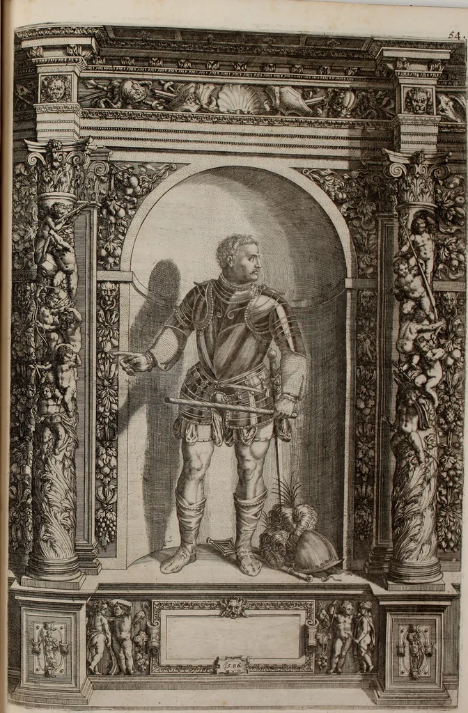 An illustration from Augustissimorum imperatorum, serenissimorum regum, atque archiducum, illustrissimorum principum, necnon comitum, baronum, nobilium, aliorumq[ue] clarissimorum virorum, qui aut ipsi cum imperio bellorum duces fuerunt, aut in iisdem præfecturis insignioribus laudabiliter functi sunt, verissimæ imagines, & rerum ab ipsis domi, forisq[ue] gestarum succinctæ descriptiones. Quorum arma, aut integra, aut horum partes, quibus induti, vsique aduersus hostem heroica facinora patrarunt, aut quorum auspiciis tàm prospera quàm aduersa fortuna res magnæ gestæ sunt, à serenissimo principe Ferdinando, archiduce Austriæ, duce Burgundiæ, comte Habspurgi & Tyrolis &c. ex omnibus ferè orbis terrarum prouinciis partim conquista, partim ab illorum hæredibus & successoribus transmissa, in celebri Ambrosianæ arcis armamentario, à sua serenitate non procul ciutate Oenipontana extructo, conspiciuntur, 1601, leaf 120