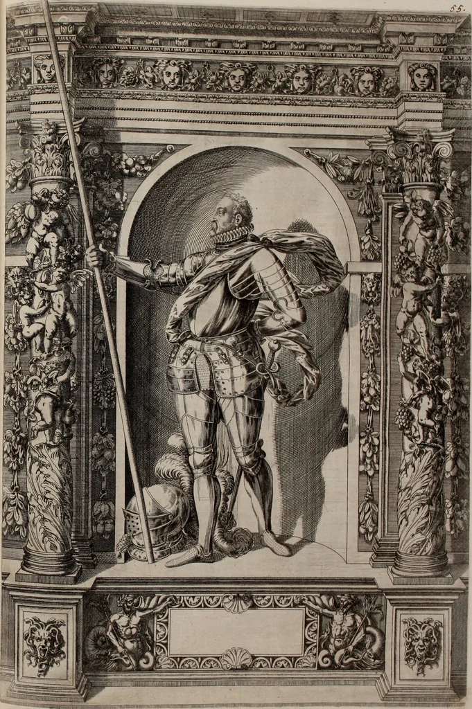 An illustration from Augustissimorum imperatorum, serenissimorum regum, atque archiducum, illustrissimorum principum, necnon comitum, baronum, nobilium, aliorumq[ue] clarissimorum virorum, qui aut ipsi cum imperio bellorum duces fuerunt, aut in iisdem præfecturis insignioribus laudabiliter functi sunt, verissimæ imagines, & rerum ab ipsis domi, forisq[ue] gestarum succinctæ descriptiones. Quorum arma, aut integra, aut horum partes, quibus induti, vsique aduersus hostem heroica facinora patrarunt, aut quorum auspiciis tàm prospera quàm aduersa fortuna res magnæ gestæ sunt, à serenissimo principe Ferdinando, archiduce Austriæ, duce Burgundiæ, comte Habspurgi & Tyrolis &c. ex omnibus ferè orbis terrarum prouinciis partim conquista, partim ab illorum hæredibus & successoribus transmissa, in celebri Ambrosianæ arcis armamentario, à sua serenitate non procul ciutate Oenipontana extructo, conspiciuntur, 1601, leaf 122