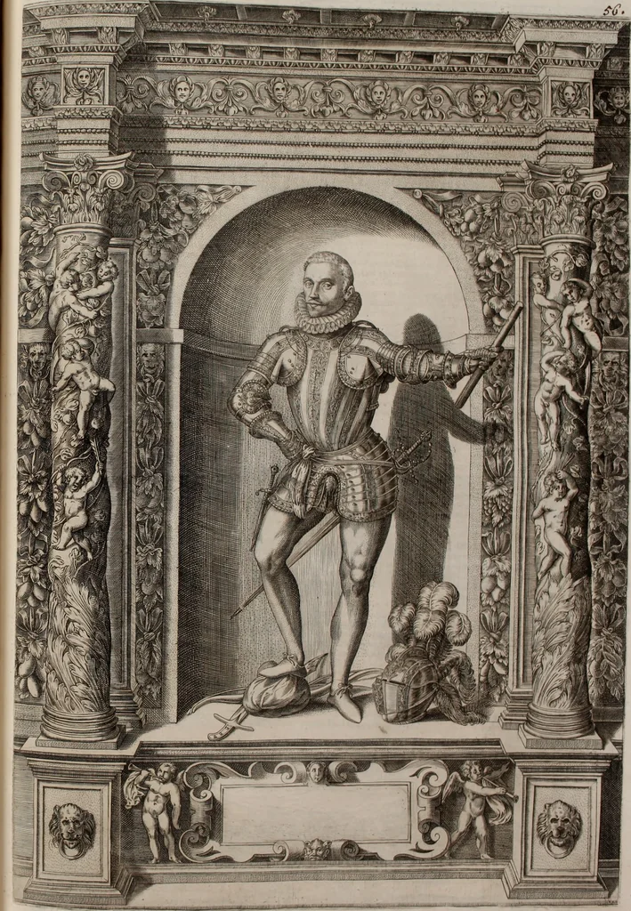 An illustration from Augustissimorum imperatorum, serenissimorum regum, atque archiducum, illustrissimorum principum, necnon comitum, baronum, nobilium, aliorumq[ue] clarissimorum virorum, qui aut ipsi cum imperio bellorum duces fuerunt, aut in iisdem præfecturis insignioribus laudabiliter functi sunt, verissimæ imagines, & rerum ab ipsis domi, forisq[ue] gestarum succinctæ descriptiones. Quorum arma, aut integra, aut horum partes, quibus induti, vsique aduersus hostem heroica facinora patrarunt, aut quorum auspiciis tàm prospera quàm aduersa fortuna res magnæ gestæ sunt, à serenissimo principe Ferdinando, archiduce Austriæ, duce Burgundiæ, comte Habspurgi & Tyrolis &c. ex omnibus ferè orbis terrarum prouinciis partim conquista, partim ab illorum hæredibus & successoribus transmissa, in celebri Ambrosianæ arcis armamentario, à sua serenitate non procul ciutate Oenipontana extructo, conspiciuntur, 1601, leaf 124
