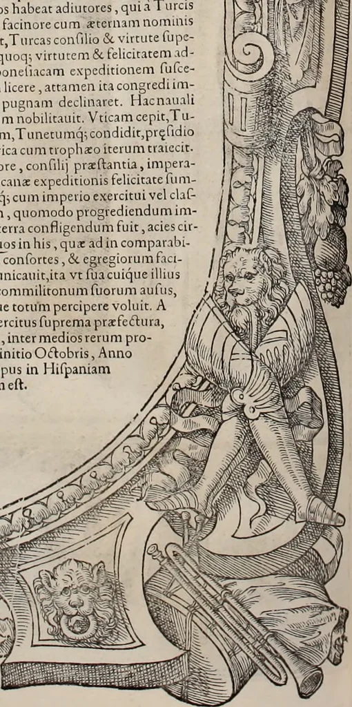 An illustration from Augustissimorum imperatorum, serenissimorum regum, atque archiducum, illustrissimorum principum, necnon comitum, baronum, nobilium, aliorumq[ue] clarissimorum virorum, qui aut ipsi cum imperio bellorum duces fuerunt, aut in iisdem præfecturis insignioribus laudabiliter functi sunt, verissimæ imagines, & rerum ab ipsis domi, forisq[ue] gestarum succinctæ descriptiones. Quorum arma, aut integra, aut horum partes, quibus induti, vsique aduersus hostem heroica facinora patrarunt, aut quorum auspiciis tàm prospera quàm aduersa fortuna res magnæ gestæ sunt, à serenissimo principe Ferdinando, archiduce Austriæ, duce Burgundiæ, comte Habspurgi & Tyrolis &c. ex omnibus ferè orbis terrarum prouinciis partim conquista, partim ab illorum hæredibus & successoribus transmissa, in celebri Ambrosianæ arcis armamentario, à sua serenitate non procul ciutate Oenipontana extructo, conspiciuntur, 1601, leaf 125