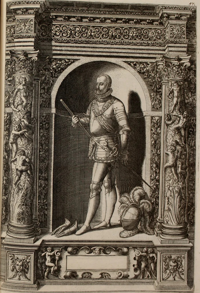 An illustration from Augustissimorum imperatorum, serenissimorum regum, atque archiducum, illustrissimorum principum, necnon comitum, baronum, nobilium, aliorumq[ue] clarissimorum virorum, qui aut ipsi cum imperio bellorum duces fuerunt, aut in iisdem præfecturis insignioribus laudabiliter functi sunt, verissimæ imagines, & rerum ab ipsis domi, forisq[ue] gestarum succinctæ descriptiones. Quorum arma, aut integra, aut horum partes, quibus induti, vsique aduersus hostem heroica facinora patrarunt, aut quorum auspiciis tàm prospera quàm aduersa fortuna res magnæ gestæ sunt, à serenissimo principe Ferdinando, archiduce Austriæ, duce Burgundiæ, comte Habspurgi & Tyrolis &c. ex omnibus ferè orbis terrarum prouinciis partim conquista, partim ab illorum hæredibus & successoribus transmissa, in celebri Ambrosianæ arcis armamentario, à sua serenitate non procul ciutate Oenipontana extructo, conspiciuntur, 1601, leaf 126
