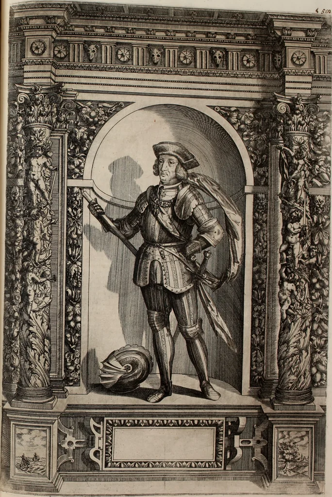An illustration from Augustissimorum imperatorum, serenissimorum regum, atque archiducum, illustrissimorum principum, necnon comitum, baronum, nobilium, aliorumq[ue] clarissimorum virorum, qui aut ipsi cum imperio bellorum duces fuerunt, aut in iisdem præfecturis insignioribus laudabiliter functi sunt, verissimæ imagines, & rerum ab ipsis domi, forisq[ue] gestarum succinctæ descriptiones. Quorum arma, aut integra, aut horum partes, quibus induti, vsique aduersus hostem heroica facinora patrarunt, aut quorum auspiciis tàm prospera quàm aduersa fortuna res magnæ gestæ sunt, à serenissimo principe Ferdinando, archiduce Austriæ, duce Burgundiæ, comte Habspurgi & Tyrolis &c. ex omnibus ferè orbis terrarum prouinciis partim conquista, partim ab illorum hæredibus & successoribus transmissa, in celebri Ambrosianæ arcis armamentario, à sua serenitate non procul ciutate Oenipontana extructo, conspiciuntur, 1601, leaf 128
