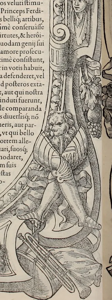 An illustration from Augustissimorum imperatorum, serenissimorum regum, atque archiducum, illustrissimorum principum, necnon comitum, baronum, nobilium, aliorumq[ue] clarissimorum virorum, qui aut ipsi cum imperio bellorum duces fuerunt, aut in iisdem præfecturis insignioribus laudabiliter functi sunt, verissimæ imagines, & rerum ab ipsis domi, forisq[ue] gestarum succinctæ descriptiones. Quorum arma, aut integra, aut horum partes, quibus induti, vsique aduersus hostem heroica facinora patrarunt, aut quorum auspiciis tàm prospera quàm aduersa fortuna res magnæ gestæ sunt, à serenissimo principe Ferdinando, archiduce Austriæ, duce Burgundiæ, comte Habspurgi & Tyrolis &c. ex omnibus ferè orbis terrarum prouinciis partim conquista, partim ab illorum hæredibus & successoribus transmissa, in celebri Ambrosianæ arcis armamentario, à sua serenitate non procul ciutate Oenipontana extructo, conspiciuntur, 1601, leaf 13