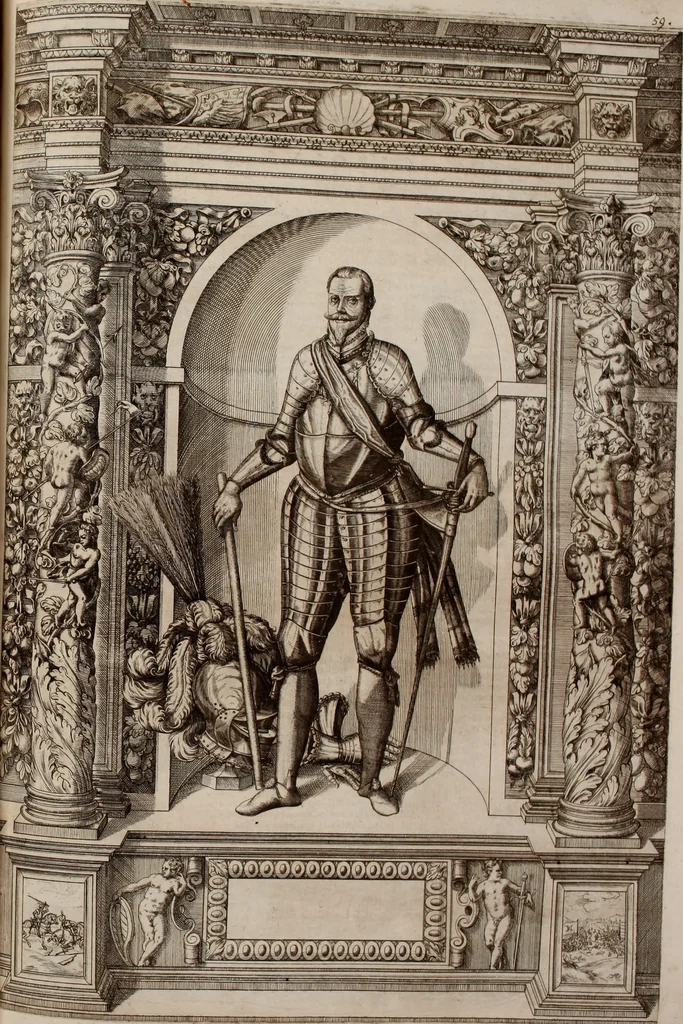 An illustration from Augustissimorum imperatorum, serenissimorum regum, atque archiducum, illustrissimorum principum, necnon comitum, baronum, nobilium, aliorumq[ue] clarissimorum virorum, qui aut ipsi cum imperio bellorum duces fuerunt, aut in iisdem præfecturis insignioribus laudabiliter functi sunt, verissimæ imagines, & rerum ab ipsis domi, forisq[ue] gestarum succinctæ descriptiones. Quorum arma, aut integra, aut horum partes, quibus induti, vsique aduersus hostem heroica facinora patrarunt, aut quorum auspiciis tàm prospera quàm aduersa fortuna res magnæ gestæ sunt, à serenissimo principe Ferdinando, archiduce Austriæ, duce Burgundiæ, comte Habspurgi & Tyrolis &c. ex omnibus ferè orbis terrarum prouinciis partim conquista, partim ab illorum hæredibus & successoribus transmissa, in celebri Ambrosianæ arcis armamentario, à sua serenitate non procul ciutate Oenipontana extructo, conspiciuntur, 1601, leaf 130