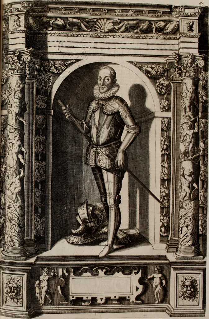 An illustration from Augustissimorum imperatorum, serenissimorum regum, atque archiducum, illustrissimorum principum, necnon comitum, baronum, nobilium, aliorumq[ue] clarissimorum virorum, qui aut ipsi cum imperio bellorum duces fuerunt, aut in iisdem præfecturis insignioribus laudabiliter functi sunt, verissimæ imagines, & rerum ab ipsis domi, forisq[ue] gestarum succinctæ descriptiones. Quorum arma, aut integra, aut horum partes, quibus induti, vsique aduersus hostem heroica facinora patrarunt, aut quorum auspiciis tàm prospera quàm aduersa fortuna res magnæ gestæ sunt, à serenissimo principe Ferdinando, archiduce Austriæ, duce Burgundiæ, comte Habspurgi & Tyrolis &c. ex omnibus ferè orbis terrarum prouinciis partim conquista, partim ab illorum hæredibus & successoribus transmissa, in celebri Ambrosianæ arcis armamentario, à sua serenitate non procul ciutate Oenipontana extructo, conspiciuntur, 1601, leaf 132