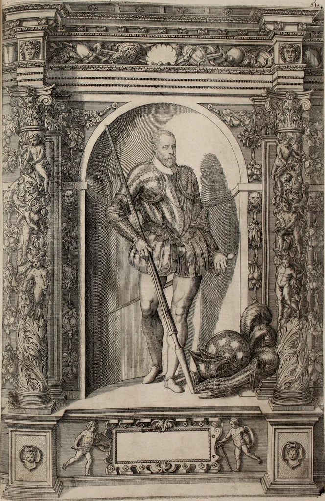 An illustration from Augustissimorum imperatorum, serenissimorum regum, atque archiducum, illustrissimorum principum, necnon comitum, baronum, nobilium, aliorumq[ue] clarissimorum virorum, qui aut ipsi cum imperio bellorum duces fuerunt, aut in iisdem præfecturis insignioribus laudabiliter functi sunt, verissimæ imagines, & rerum ab ipsis domi, forisq[ue] gestarum succinctæ descriptiones. Quorum arma, aut integra, aut horum partes, quibus induti, vsique aduersus hostem heroica facinora patrarunt, aut quorum auspiciis tàm prospera quàm aduersa fortuna res magnæ gestæ sunt, à serenissimo principe Ferdinando, archiduce Austriæ, duce Burgundiæ, comte Habspurgi & Tyrolis &c. ex omnibus ferè orbis terrarum prouinciis partim conquista, partim ab illorum hæredibus & successoribus transmissa, in celebri Ambrosianæ arcis armamentario, à sua serenitate non procul ciutate Oenipontana extructo, conspiciuntur, 1601, leaf 134