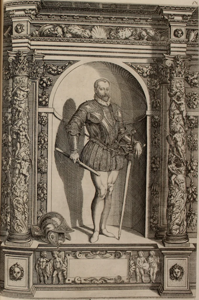 An illustration from Augustissimorum imperatorum, serenissimorum regum, atque archiducum, illustrissimorum principum, necnon comitum, baronum, nobilium, aliorumq[ue] clarissimorum virorum, qui aut ipsi cum imperio bellorum duces fuerunt, aut in iisdem præfecturis insignioribus laudabiliter functi sunt, verissimæ imagines, & rerum ab ipsis domi, forisq[ue] gestarum succinctæ descriptiones. Quorum arma, aut integra, aut horum partes, quibus induti, vsique aduersus hostem heroica facinora patrarunt, aut quorum auspiciis tàm prospera quàm aduersa fortuna res magnæ gestæ sunt, à serenissimo principe Ferdinando, archiduce Austriæ, duce Burgundiæ, comte Habspurgi & Tyrolis &c. ex omnibus ferè orbis terrarum prouinciis partim conquista, partim ab illorum hæredibus & successoribus transmissa, in celebri Ambrosianæ arcis armamentario, à sua serenitate non procul ciutate Oenipontana extructo, conspiciuntur, 1601, leaf 136
