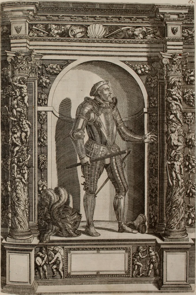 An illustration from Augustissimorum imperatorum, serenissimorum regum, atque archiducum, illustrissimorum principum, necnon comitum, baronum, nobilium, aliorumq[ue] clarissimorum virorum, qui aut ipsi cum imperio bellorum duces fuerunt, aut in iisdem præfecturis insignioribus laudabiliter functi sunt, verissimæ imagines, & rerum ab ipsis domi, forisq[ue] gestarum succinctæ descriptiones. Quorum arma, aut integra, aut horum partes, quibus induti, vsique aduersus hostem heroica facinora patrarunt, aut quorum auspiciis tàm prospera quàm aduersa fortuna res magnæ gestæ sunt, à serenissimo principe Ferdinando, archiduce Austriæ, duce Burgundiæ, comte Habspurgi & Tyrolis &c. ex omnibus ferè orbis terrarum prouinciis partim conquista, partim ab illorum hæredibus & successoribus transmissa, in celebri Ambrosianæ arcis armamentario, à sua serenitate non procul ciutate Oenipontana extructo, conspiciuntur, 1601, leaf 138