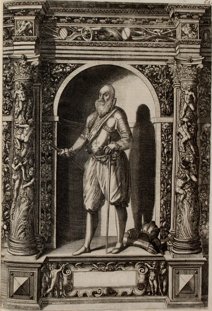 An illustration from Augustissimorum imperatorum, serenissimorum regum, atque archiducum, illustrissimorum principum, necnon comitum, baronum, nobilium, aliorumq[ue] clarissimorum virorum, qui aut ipsi cum imperio bellorum duces fuerunt, aut in iisdem præfecturis insignioribus laudabiliter functi sunt, verissimæ imagines, & rerum ab ipsis domi, forisq[ue] gestarum succinctæ descriptiones. Quorum arma, aut integra, aut horum partes, quibus induti, vsique aduersus hostem heroica facinora patrarunt, aut quorum auspiciis tàm prospera quàm aduersa fortuna res magnæ gestæ sunt, à serenissimo principe Ferdinando, archiduce Austriæ, duce Burgundiæ, comte Habspurgi & Tyrolis &c. ex omnibus ferè orbis terrarum prouinciis partim conquista, partim ab illorum hæredibus & successoribus transmissa, in celebri Ambrosianæ arcis armamentario, à sua serenitate non procul ciutate Oenipontana extructo, conspiciuntur, 1601, leaf 140