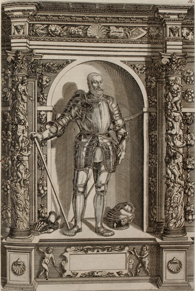 An illustration from Augustissimorum imperatorum, serenissimorum regum, atque archiducum, illustrissimorum principum, necnon comitum, baronum, nobilium, aliorumq[ue] clarissimorum virorum, qui aut ipsi cum imperio bellorum duces fuerunt, aut in iisdem præfecturis insignioribus laudabiliter functi sunt, verissimæ imagines, & rerum ab ipsis domi, forisq[ue] gestarum succinctæ descriptiones. Quorum arma, aut integra, aut horum partes, quibus induti, vsique aduersus hostem heroica facinora patrarunt, aut quorum auspiciis tàm prospera quàm aduersa fortuna res magnæ gestæ sunt, à serenissimo principe Ferdinando, archiduce Austriæ, duce Burgundiæ, comte Habspurgi & Tyrolis &c. ex omnibus ferè orbis terrarum prouinciis partim conquista, partim ab illorum hæredibus & successoribus transmissa, in celebri Ambrosianæ arcis armamentario, à sua serenitate non procul ciutate Oenipontana extructo, conspiciuntur, 1601, leaf 142