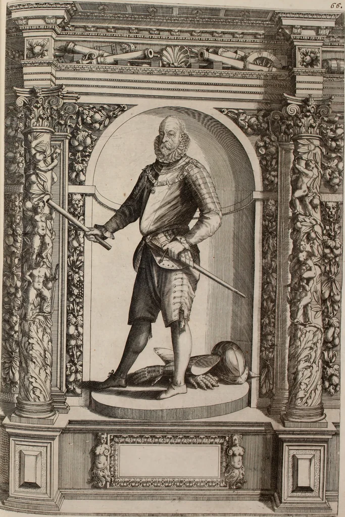 An illustration from Augustissimorum imperatorum, serenissimorum regum, atque archiducum, illustrissimorum principum, necnon comitum, baronum, nobilium, aliorumq[ue] clarissimorum virorum, qui aut ipsi cum imperio bellorum duces fuerunt, aut in iisdem præfecturis insignioribus laudabiliter functi sunt, verissimæ imagines, & rerum ab ipsis domi, forisq[ue] gestarum succinctæ descriptiones. Quorum arma, aut integra, aut horum partes, quibus induti, vsique aduersus hostem heroica facinora patrarunt, aut quorum auspiciis tàm prospera quàm aduersa fortuna res magnæ gestæ sunt, à serenissimo principe Ferdinando, archiduce Austriæ, duce Burgundiæ, comte Habspurgi & Tyrolis &c. ex omnibus ferè orbis terrarum prouinciis partim conquista, partim ab illorum hæredibus & successoribus transmissa, in celebri Ambrosianæ arcis armamentario, à sua serenitate non procul ciutate Oenipontana extructo, conspiciuntur, 1601, leaf 144
