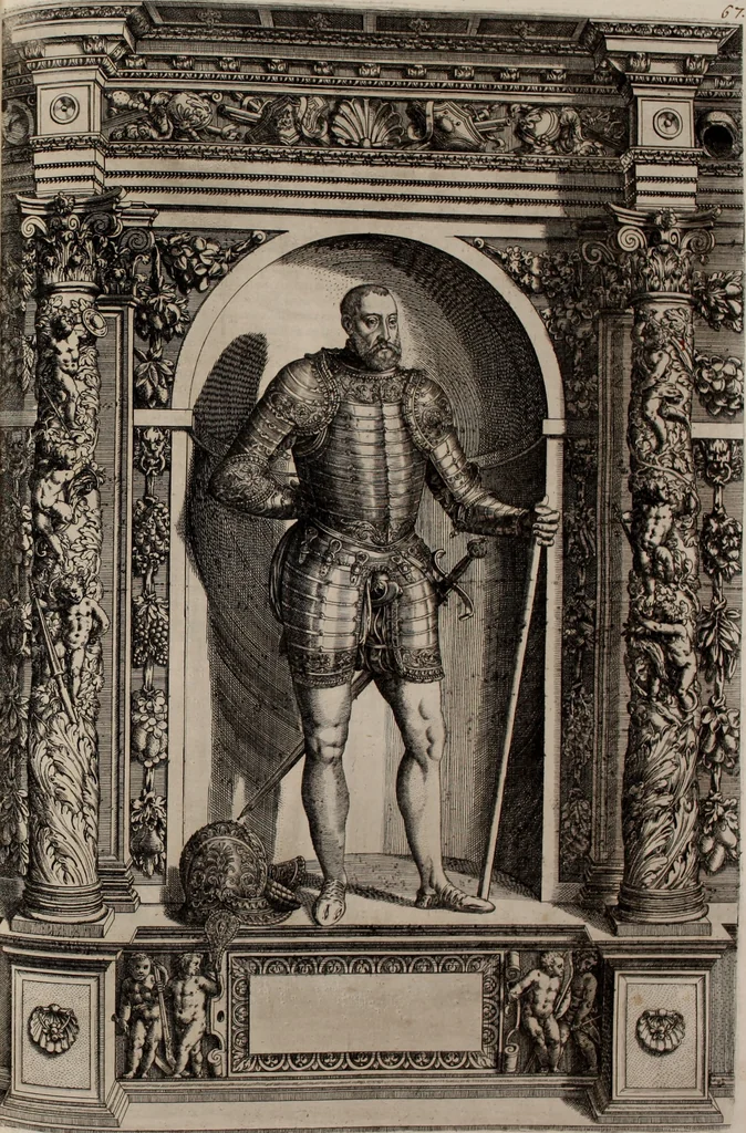 An illustration from Augustissimorum imperatorum, serenissimorum regum, atque archiducum, illustrissimorum principum, necnon comitum, baronum, nobilium, aliorumq[ue] clarissimorum virorum, qui aut ipsi cum imperio bellorum duces fuerunt, aut in iisdem præfecturis insignioribus laudabiliter functi sunt, verissimæ imagines, & rerum ab ipsis domi, forisq[ue] gestarum succinctæ descriptiones. Quorum arma, aut integra, aut horum partes, quibus induti, vsique aduersus hostem heroica facinora patrarunt, aut quorum auspiciis tàm prospera quàm aduersa fortuna res magnæ gestæ sunt, à serenissimo principe Ferdinando, archiduce Austriæ, duce Burgundiæ, comte Habspurgi & Tyrolis &c. ex omnibus ferè orbis terrarum prouinciis partim conquista, partim ab illorum hæredibus & successoribus transmissa, in celebri Ambrosianæ arcis armamentario, à sua serenitate non procul ciutate Oenipontana extructo, conspiciuntur, 1601, leaf 146