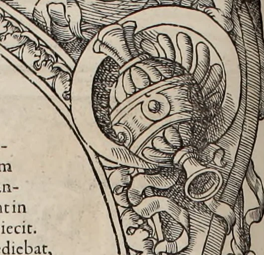 An illustration from Augustissimorum imperatorum, serenissimorum regum, atque archiducum, illustrissimorum principum, necnon comitum, baronum, nobilium, aliorumq[ue] clarissimorum virorum, qui aut ipsi cum imperio bellorum duces fuerunt, aut in iisdem præfecturis insignioribus laudabiliter functi sunt, verissimæ imagines, & rerum ab ipsis domi, forisq[ue] gestarum succinctæ descriptiones. Quorum arma, aut integra, aut horum partes, quibus induti, vsique aduersus hostem heroica facinora patrarunt, aut quorum auspiciis tàm prospera quàm aduersa fortuna res magnæ gestæ sunt, à serenissimo principe Ferdinando, archiduce Austriæ, duce Burgundiæ, comte Habspurgi & Tyrolis &c. ex omnibus ferè orbis terrarum prouinciis partim conquista, partim ab illorum hæredibus & successoribus transmissa, in celebri Ambrosianæ arcis armamentario, à sua serenitate non procul ciutate Oenipontana extructo, conspiciuntur, 1601, leaf 147