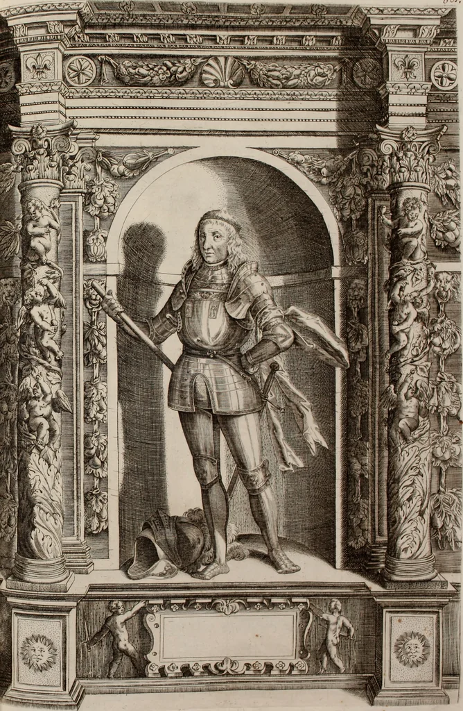 An illustration from Augustissimorum imperatorum, serenissimorum regum, atque archiducum, illustrissimorum principum, necnon comitum, baronum, nobilium, aliorumq[ue] clarissimorum virorum, qui aut ipsi cum imperio bellorum duces fuerunt, aut in iisdem præfecturis insignioribus laudabiliter functi sunt, verissimæ imagines, & rerum ab ipsis domi, forisq[ue] gestarum succinctæ descriptiones. Quorum arma, aut integra, aut horum partes, quibus induti, vsique aduersus hostem heroica facinora patrarunt, aut quorum auspiciis tàm prospera quàm aduersa fortuna res magnæ gestæ sunt, à serenissimo principe Ferdinando, archiduce Austriæ, duce Burgundiæ, comte Habspurgi & Tyrolis &c. ex omnibus ferè orbis terrarum prouinciis partim conquista, partim ab illorum hæredibus & successoribus transmissa, in celebri Ambrosianæ arcis armamentario, à sua serenitate non procul ciutate Oenipontana extructo, conspiciuntur, 1601, leaf 148