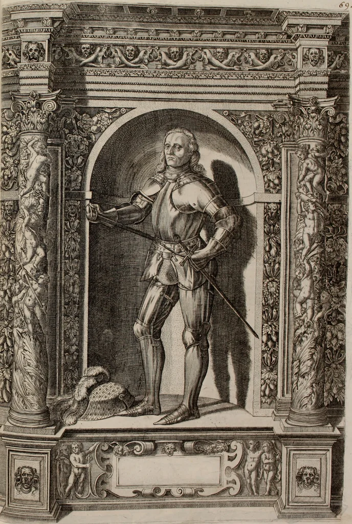 An illustration from Augustissimorum imperatorum, serenissimorum regum, atque archiducum, illustrissimorum principum, necnon comitum, baronum, nobilium, aliorumq[ue] clarissimorum virorum, qui aut ipsi cum imperio bellorum duces fuerunt, aut in iisdem præfecturis insignioribus laudabiliter functi sunt, verissimæ imagines, & rerum ab ipsis domi, forisq[ue] gestarum succinctæ descriptiones. Quorum arma, aut integra, aut horum partes, quibus induti, vsique aduersus hostem heroica facinora patrarunt, aut quorum auspiciis tàm prospera quàm aduersa fortuna res magnæ gestæ sunt, à serenissimo principe Ferdinando, archiduce Austriæ, duce Burgundiæ, comte Habspurgi & Tyrolis &c. ex omnibus ferè orbis terrarum prouinciis partim conquista, partim ab illorum hæredibus & successoribus transmissa, in celebri Ambrosianæ arcis armamentario, à sua serenitate non procul ciutate Oenipontana extructo, conspiciuntur, 1601, leaf 150