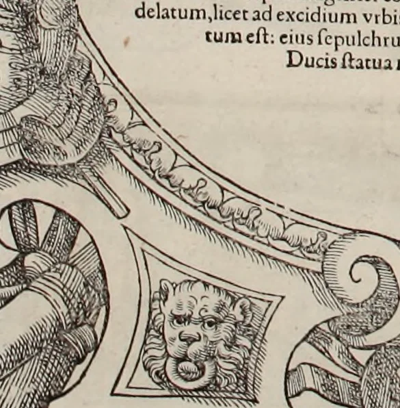 An illustration from Augustissimorum imperatorum, serenissimorum regum, atque archiducum, illustrissimorum principum, necnon comitum, baronum, nobilium, aliorumq[ue] clarissimorum virorum, qui aut ipsi cum imperio bellorum duces fuerunt, aut in iisdem præfecturis insignioribus laudabiliter functi sunt, verissimæ imagines, & rerum ab ipsis domi, forisq[ue] gestarum succinctæ descriptiones. Quorum arma, aut integra, aut horum partes, quibus induti, vsique aduersus hostem heroica facinora patrarunt, aut quorum auspiciis tàm prospera quàm aduersa fortuna res magnæ gestæ sunt, à serenissimo principe Ferdinando, archiduce Austriæ, duce Burgundiæ, comte Habspurgi & Tyrolis &c. ex omnibus ferè orbis terrarum prouinciis partim conquista, partim ab illorum hæredibus & successoribus transmissa, in celebri Ambrosianæ arcis armamentario, à sua serenitate non procul ciutate Oenipontana extructo, conspiciuntur, 1601, leaf 151