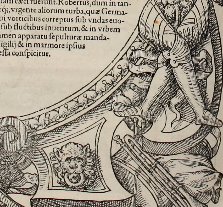 An illustration from Augustissimorum imperatorum, serenissimorum regum, atque archiducum, illustrissimorum principum, necnon comitum, baronum, nobilium, aliorumq[ue] clarissimorum virorum, qui aut ipsi cum imperio bellorum duces fuerunt, aut in iisdem præfecturis insignioribus laudabiliter functi sunt, verissimæ imagines, & rerum ab ipsis domi, forisq[ue] gestarum succinctæ descriptiones. Quorum arma, aut integra, aut horum partes, quibus induti, vsique aduersus hostem heroica facinora patrarunt, aut quorum auspiciis tàm prospera quàm aduersa fortuna res magnæ gestæ sunt, à serenissimo principe Ferdinando, archiduce Austriæ, duce Burgundiæ, comte Habspurgi & Tyrolis &c. ex omnibus ferè orbis terrarum prouinciis partim conquista, partim ab illorum hæredibus & successoribus transmissa, in celebri Ambrosianæ arcis armamentario, à sua serenitate non procul ciutate Oenipontana extructo, conspiciuntur, 1601, leaf 151
