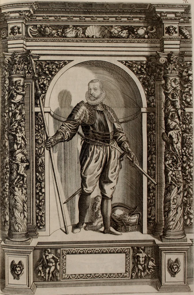 An illustration from Augustissimorum imperatorum, serenissimorum regum, atque archiducum, illustrissimorum principum, necnon comitum, baronum, nobilium, aliorumq[ue] clarissimorum virorum, qui aut ipsi cum imperio bellorum duces fuerunt, aut in iisdem præfecturis insignioribus laudabiliter functi sunt, verissimæ imagines, & rerum ab ipsis domi, forisq[ue] gestarum succinctæ descriptiones. Quorum arma, aut integra, aut horum partes, quibus induti, vsique aduersus hostem heroica facinora patrarunt, aut quorum auspiciis tàm prospera quàm aduersa fortuna res magnæ gestæ sunt, à serenissimo principe Ferdinando, archiduce Austriæ, duce Burgundiæ, comte Habspurgi & Tyrolis &c. ex omnibus ferè orbis terrarum prouinciis partim conquista, partim ab illorum hæredibus & successoribus transmissa, in celebri Ambrosianæ arcis armamentario, à sua serenitate non procul ciutate Oenipontana extructo, conspiciuntur, 1601, leaf 152
