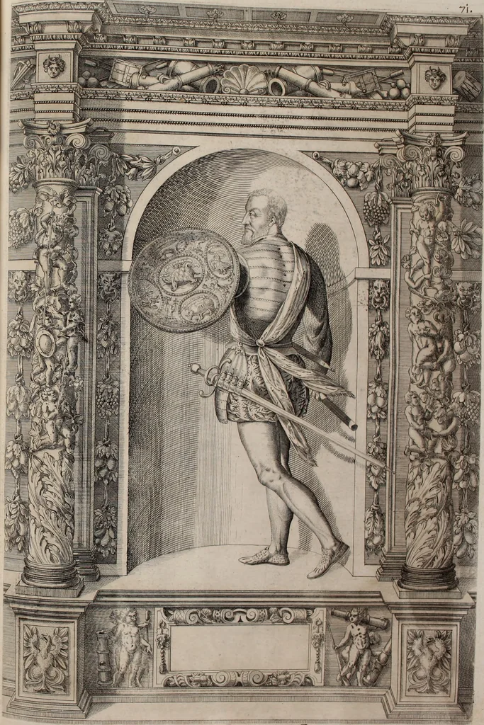 An illustration from Augustissimorum imperatorum, serenissimorum regum, atque archiducum, illustrissimorum principum, necnon comitum, baronum, nobilium, aliorumq[ue] clarissimorum virorum, qui aut ipsi cum imperio bellorum duces fuerunt, aut in iisdem præfecturis insignioribus laudabiliter functi sunt, verissimæ imagines, & rerum ab ipsis domi, forisq[ue] gestarum succinctæ descriptiones. Quorum arma, aut integra, aut horum partes, quibus induti, vsique aduersus hostem heroica facinora patrarunt, aut quorum auspiciis tàm prospera quàm aduersa fortuna res magnæ gestæ sunt, à serenissimo principe Ferdinando, archiduce Austriæ, duce Burgundiæ, comte Habspurgi & Tyrolis &c. ex omnibus ferè orbis terrarum prouinciis partim conquista, partim ab illorum hæredibus & successoribus transmissa, in celebri Ambrosianæ arcis armamentario, à sua serenitate non procul ciutate Oenipontana extructo, conspiciuntur, 1601, leaf 154