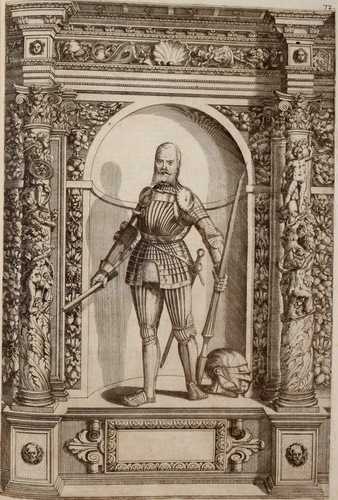 An illustration from Augustissimorum imperatorum, serenissimorum regum, atque archiducum, illustrissimorum principum, necnon comitum, baronum, nobilium, aliorumq[ue] clarissimorum virorum, qui aut ipsi cum imperio bellorum duces fuerunt, aut in iisdem præfecturis insignioribus laudabiliter functi sunt, verissimæ imagines, & rerum ab ipsis domi, forisq[ue] gestarum succinctæ descriptiones. Quorum arma, aut integra, aut horum partes, quibus induti, vsique aduersus hostem heroica facinora patrarunt, aut quorum auspiciis tàm prospera quàm aduersa fortuna res magnæ gestæ sunt, à serenissimo principe Ferdinando, archiduce Austriæ, duce Burgundiæ, comte Habspurgi & Tyrolis &c. ex omnibus ferè orbis terrarum prouinciis partim conquista, partim ab illorum hæredibus & successoribus transmissa, in celebri Ambrosianæ arcis armamentario, à sua serenitate non procul ciutate Oenipontana extructo, conspiciuntur, 1601, leaf 156