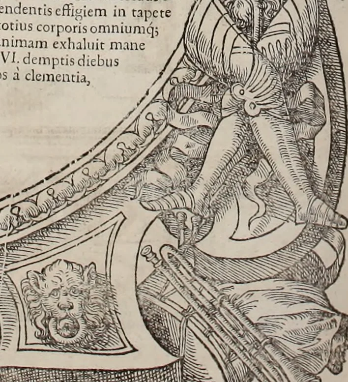 An illustration from Augustissimorum imperatorum, serenissimorum regum, atque archiducum, illustrissimorum principum, necnon comitum, baronum, nobilium, aliorumq[ue] clarissimorum virorum, qui aut ipsi cum imperio bellorum duces fuerunt, aut in iisdem præfecturis insignioribus laudabiliter functi sunt, verissimæ imagines, & rerum ab ipsis domi, forisq[ue] gestarum succinctæ descriptiones. Quorum arma, aut integra, aut horum partes, quibus induti, vsique aduersus hostem heroica facinora patrarunt, aut quorum auspiciis tàm prospera quàm aduersa fortuna res magnæ gestæ sunt, à serenissimo principe Ferdinando, archiduce Austriæ, duce Burgundiæ, comte Habspurgi & Tyrolis &c. ex omnibus ferè orbis terrarum prouinciis partim conquista, partim ab illorum hæredibus & successoribus transmissa, in celebri Ambrosianæ arcis armamentario, à sua serenitate non procul ciutate Oenipontana extructo, conspiciuntur, 1601, leaf 157