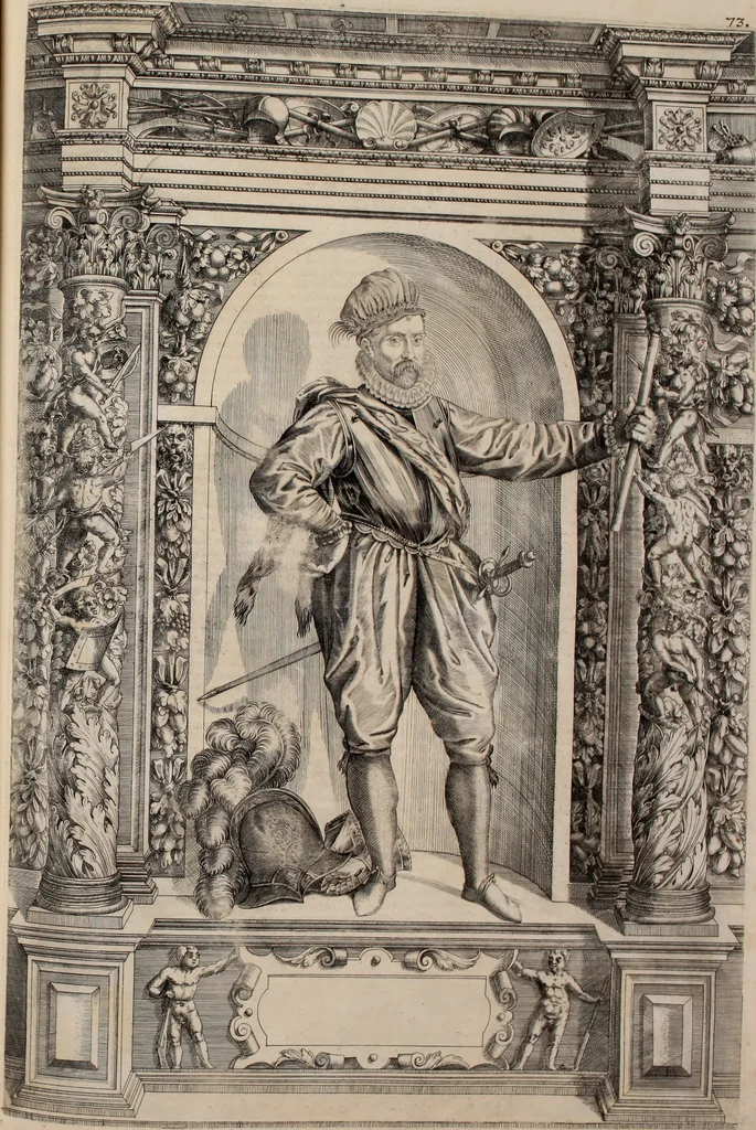 An illustration from Augustissimorum imperatorum, serenissimorum regum, atque archiducum, illustrissimorum principum, necnon comitum, baronum, nobilium, aliorumq[ue] clarissimorum virorum, qui aut ipsi cum imperio bellorum duces fuerunt, aut in iisdem præfecturis insignioribus laudabiliter functi sunt, verissimæ imagines, & rerum ab ipsis domi, forisq[ue] gestarum succinctæ descriptiones. Quorum arma, aut integra, aut horum partes, quibus induti, vsique aduersus hostem heroica facinora patrarunt, aut quorum auspiciis tàm prospera quàm aduersa fortuna res magnæ gestæ sunt, à serenissimo principe Ferdinando, archiduce Austriæ, duce Burgundiæ, comte Habspurgi & Tyrolis &c. ex omnibus ferè orbis terrarum prouinciis partim conquista, partim ab illorum hæredibus & successoribus transmissa, in celebri Ambrosianæ arcis armamentario, à sua serenitate non procul ciutate Oenipontana extructo, conspiciuntur, 1601, leaf 158
