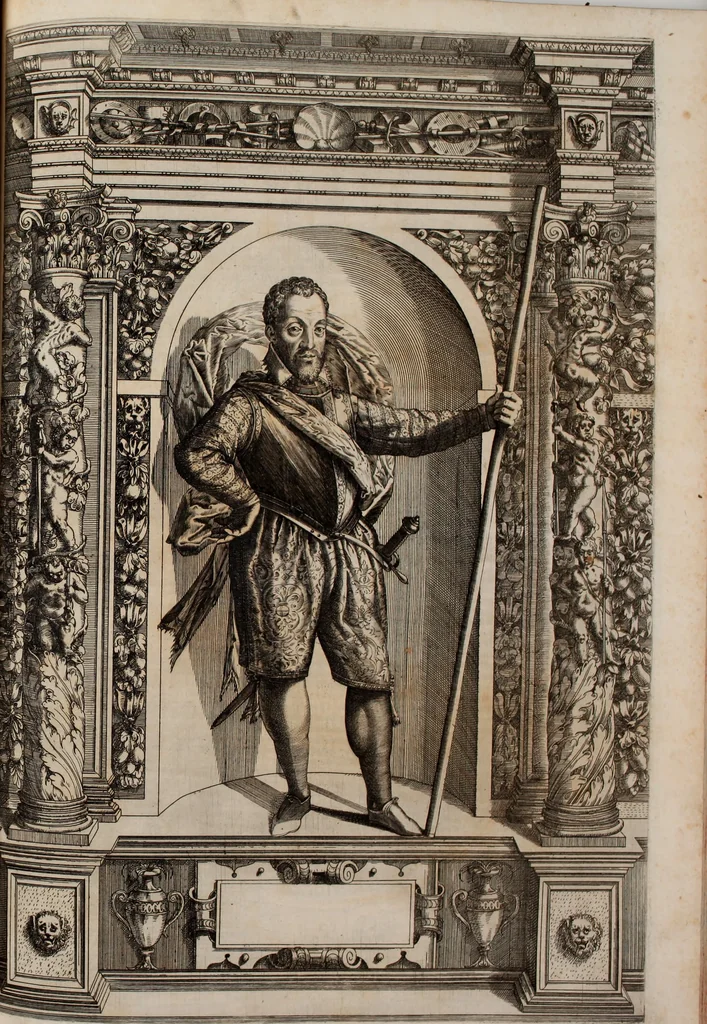 An illustration from Augustissimorum imperatorum, serenissimorum regum, atque archiducum, illustrissimorum principum, necnon comitum, baronum, nobilium, aliorumq[ue] clarissimorum virorum, qui aut ipsi cum imperio bellorum duces fuerunt, aut in iisdem præfecturis insignioribus laudabiliter functi sunt, verissimæ imagines, & rerum ab ipsis domi, forisq[ue] gestarum succinctæ descriptiones. Quorum arma, aut integra, aut horum partes, quibus induti, vsique aduersus hostem heroica facinora patrarunt, aut quorum auspiciis tàm prospera quàm aduersa fortuna res magnæ gestæ sunt, à serenissimo principe Ferdinando, archiduce Austriæ, duce Burgundiæ, comte Habspurgi & Tyrolis &c. ex omnibus ferè orbis terrarum prouinciis partim conquista, partim ab illorum hæredibus & successoribus transmissa, in celebri Ambrosianæ arcis armamentario, à sua serenitate non procul ciutate Oenipontana extructo, conspiciuntur, 1601, leaf 160