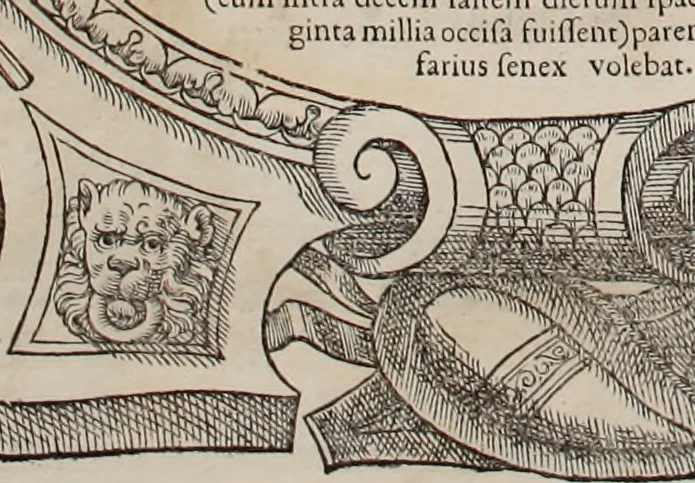 An illustration from Augustissimorum imperatorum, serenissimorum regum, atque archiducum, illustrissimorum principum, necnon comitum, baronum, nobilium, aliorumq[ue] clarissimorum virorum, qui aut ipsi cum imperio bellorum duces fuerunt, aut in iisdem præfecturis insignioribus laudabiliter functi sunt, verissimæ imagines, & rerum ab ipsis domi, forisq[ue] gestarum succinctæ descriptiones. Quorum arma, aut integra, aut horum partes, quibus induti, vsique aduersus hostem heroica facinora patrarunt, aut quorum auspiciis tàm prospera quàm aduersa fortuna res magnæ gestæ sunt, à serenissimo principe Ferdinando, archiduce Austriæ, duce Burgundiæ, comte Habspurgi & Tyrolis &c. ex omnibus ferè orbis terrarum prouinciis partim conquista, partim ab illorum hæredibus & successoribus transmissa, in celebri Ambrosianæ arcis armamentario, à sua serenitate non procul ciutate Oenipontana extructo, conspiciuntur, 1601, leaf 161