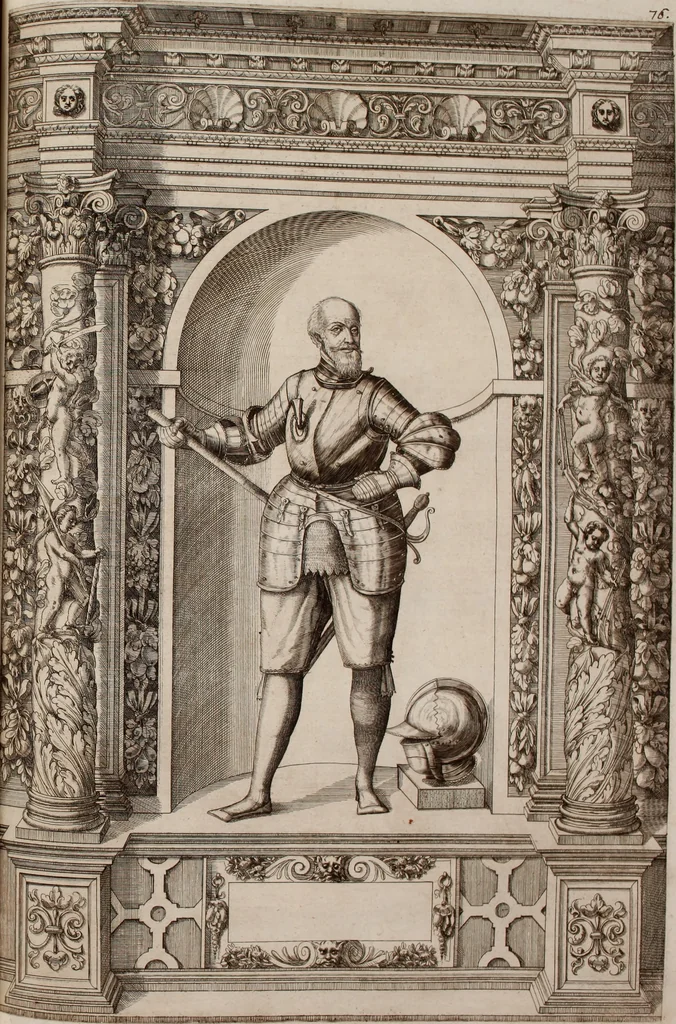 An illustration from Augustissimorum imperatorum, serenissimorum regum, atque archiducum, illustrissimorum principum, necnon comitum, baronum, nobilium, aliorumq[ue] clarissimorum virorum, qui aut ipsi cum imperio bellorum duces fuerunt, aut in iisdem præfecturis insignioribus laudabiliter functi sunt, verissimæ imagines, & rerum ab ipsis domi, forisq[ue] gestarum succinctæ descriptiones. Quorum arma, aut integra, aut horum partes, quibus induti, vsique aduersus hostem heroica facinora patrarunt, aut quorum auspiciis tàm prospera quàm aduersa fortuna res magnæ gestæ sunt, à serenissimo principe Ferdinando, archiduce Austriæ, duce Burgundiæ, comte Habspurgi & Tyrolis &c. ex omnibus ferè orbis terrarum prouinciis partim conquista, partim ab illorum hæredibus & successoribus transmissa, in celebri Ambrosianæ arcis armamentario, à sua serenitate non procul ciutate Oenipontana extructo, conspiciuntur, 1601, leaf 162