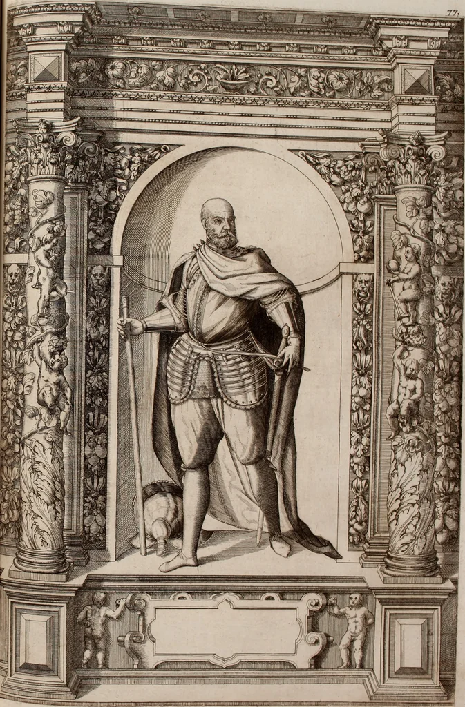 An illustration from Augustissimorum imperatorum, serenissimorum regum, atque archiducum, illustrissimorum principum, necnon comitum, baronum, nobilium, aliorumq[ue] clarissimorum virorum, qui aut ipsi cum imperio bellorum duces fuerunt, aut in iisdem præfecturis insignioribus laudabiliter functi sunt, verissimæ imagines, & rerum ab ipsis domi, forisq[ue] gestarum succinctæ descriptiones. Quorum arma, aut integra, aut horum partes, quibus induti, vsique aduersus hostem heroica facinora patrarunt, aut quorum auspiciis tàm prospera quàm aduersa fortuna res magnæ gestæ sunt, à serenissimo principe Ferdinando, archiduce Austriæ, duce Burgundiæ, comte Habspurgi & Tyrolis &c. ex omnibus ferè orbis terrarum prouinciis partim conquista, partim ab illorum hæredibus & successoribus transmissa, in celebri Ambrosianæ arcis armamentario, à sua serenitate non procul ciutate Oenipontana extructo, conspiciuntur, 1601, leaf 164