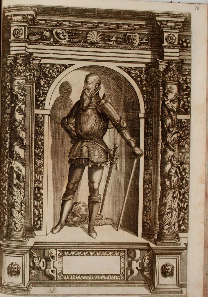 An illustration from Augustissimorum imperatorum, serenissimorum regum, atque archiducum, illustrissimorum principum, necnon comitum, baronum, nobilium, aliorumq[ue] clarissimorum virorum, qui aut ipsi cum imperio bellorum duces fuerunt, aut in iisdem præfecturis insignioribus laudabiliter functi sunt, verissimæ imagines, & rerum ab ipsis domi, forisq[ue] gestarum succinctæ descriptiones. Quorum arma, aut integra, aut horum partes, quibus induti, vsique aduersus hostem heroica facinora patrarunt, aut quorum auspiciis tàm prospera quàm aduersa fortuna res magnæ gestæ sunt, à serenissimo principe Ferdinando, archiduce Austriæ, duce Burgundiæ, comte Habspurgi & Tyrolis &c. ex omnibus ferè orbis terrarum prouinciis partim conquista, partim ab illorum hæredibus & successoribus transmissa, in celebri Ambrosianæ arcis armamentario, à sua serenitate non procul ciutate Oenipontana extructo, conspiciuntur, 1601, leaf 166