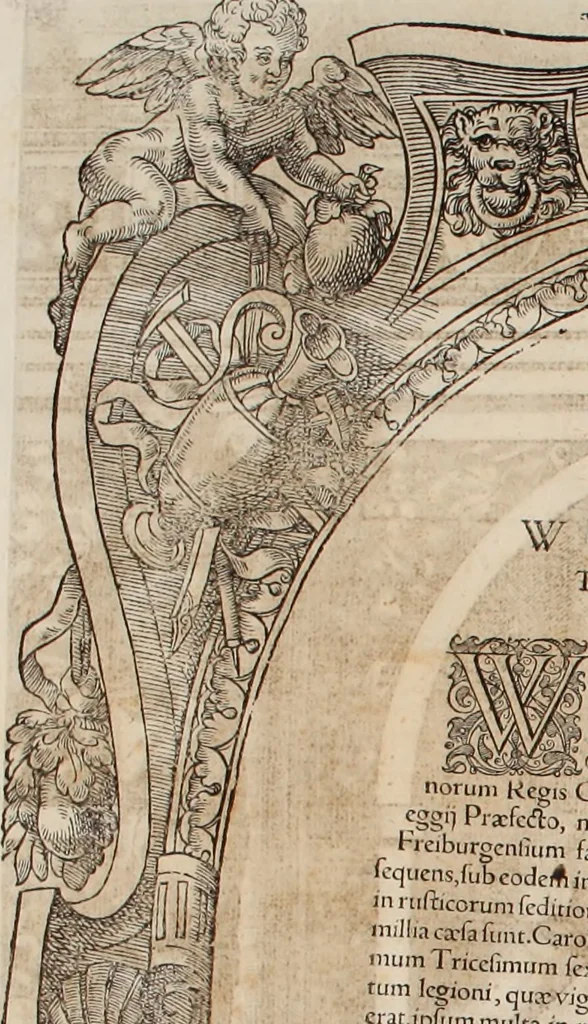 An illustration from Augustissimorum imperatorum, serenissimorum regum, atque archiducum, illustrissimorum principum, necnon comitum, baronum, nobilium, aliorumq[ue] clarissimorum virorum, qui aut ipsi cum imperio bellorum duces fuerunt, aut in iisdem præfecturis insignioribus laudabiliter functi sunt, verissimæ imagines, & rerum ab ipsis domi, forisq[ue] gestarum succinctæ descriptiones. Quorum arma, aut integra, aut horum partes, quibus induti, vsique aduersus hostem heroica facinora patrarunt, aut quorum auspiciis tàm prospera quàm aduersa fortuna res magnæ gestæ sunt, à serenissimo principe Ferdinando, archiduce Austriæ, duce Burgundiæ, comte Habspurgi & Tyrolis &c. ex omnibus ferè orbis terrarum prouinciis partim conquista, partim ab illorum hæredibus & successoribus transmissa, in celebri Ambrosianæ arcis armamentario, à sua serenitate non procul ciutate Oenipontana extructo, conspiciuntur, 1601, leaf 167