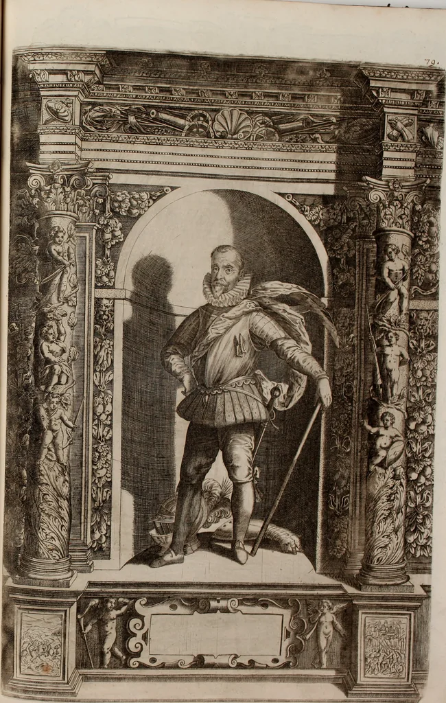An illustration from Augustissimorum imperatorum, serenissimorum regum, atque archiducum, illustrissimorum principum, necnon comitum, baronum, nobilium, aliorumq[ue] clarissimorum virorum, qui aut ipsi cum imperio bellorum duces fuerunt, aut in iisdem præfecturis insignioribus laudabiliter functi sunt, verissimæ imagines, & rerum ab ipsis domi, forisq[ue] gestarum succinctæ descriptiones. Quorum arma, aut integra, aut horum partes, quibus induti, vsique aduersus hostem heroica facinora patrarunt, aut quorum auspiciis tàm prospera quàm aduersa fortuna res magnæ gestæ sunt, à serenissimo principe Ferdinando, archiduce Austriæ, duce Burgundiæ, comte Habspurgi & Tyrolis &c. ex omnibus ferè orbis terrarum prouinciis partim conquista, partim ab illorum hæredibus & successoribus transmissa, in celebri Ambrosianæ arcis armamentario, à sua serenitate non procul ciutate Oenipontana extructo, conspiciuntur, 1601, leaf 168