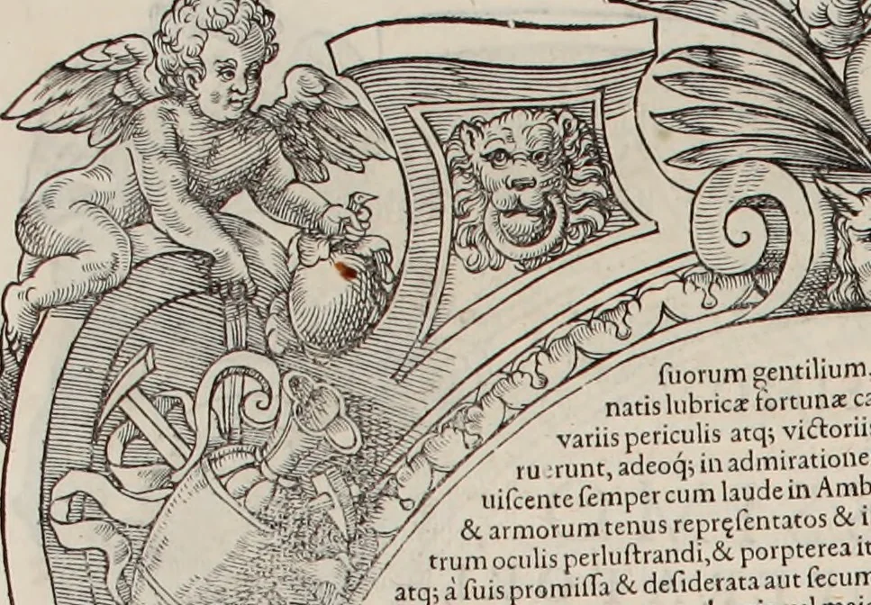 An illustration from Augustissimorum imperatorum, serenissimorum regum, atque archiducum, illustrissimorum principum, necnon comitum, baronum, nobilium, aliorumq[ue] clarissimorum virorum, qui aut ipsi cum imperio bellorum duces fuerunt, aut in iisdem præfecturis insignioribus laudabiliter functi sunt, verissimæ imagines, & rerum ab ipsis domi, forisq[ue] gestarum succinctæ descriptiones. Quorum arma, aut integra, aut horum partes, quibus induti, vsique aduersus hostem heroica facinora patrarunt, aut quorum auspiciis tàm prospera quàm aduersa fortuna res magnæ gestæ sunt, à serenissimo principe Ferdinando, archiduce Austriæ, duce Burgundiæ, comte Habspurgi & Tyrolis &c. ex omnibus ferè orbis terrarum prouinciis partim conquista, partim ab illorum hæredibus & successoribus transmissa, in celebri Ambrosianæ arcis armamentario, à sua serenitate non procul ciutate Oenipontana extructo, conspiciuntur, 1601, leaf 17