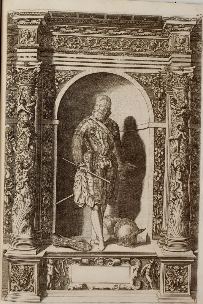 An illustration from Augustissimorum imperatorum, serenissimorum regum, atque archiducum, illustrissimorum principum, necnon comitum, baronum, nobilium, aliorumq[ue] clarissimorum virorum, qui aut ipsi cum imperio bellorum duces fuerunt, aut in iisdem præfecturis insignioribus laudabiliter functi sunt, verissimæ imagines, & rerum ab ipsis domi, forisq[ue] gestarum succinctæ descriptiones. Quorum arma, aut integra, aut horum partes, quibus induti, vsique aduersus hostem heroica facinora patrarunt, aut quorum auspiciis tàm prospera quàm aduersa fortuna res magnæ gestæ sunt, à serenissimo principe Ferdinando, archiduce Austriæ, duce Burgundiæ, comte Habspurgi & Tyrolis &c. ex omnibus ferè orbis terrarum prouinciis partim conquista, partim ab illorum hæredibus & successoribus transmissa, in celebri Ambrosianæ arcis armamentario, à sua serenitate non procul ciutate Oenipontana extructo, conspiciuntur, 1601, leaf 170