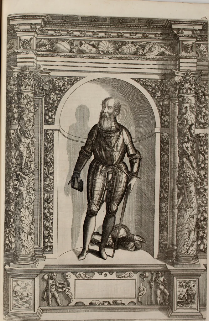 An illustration from Augustissimorum imperatorum, serenissimorum regum, atque archiducum, illustrissimorum principum, necnon comitum, baronum, nobilium, aliorumq[ue] clarissimorum virorum, qui aut ipsi cum imperio bellorum duces fuerunt, aut in iisdem præfecturis insignioribus laudabiliter functi sunt, verissimæ imagines, & rerum ab ipsis domi, forisq[ue] gestarum succinctæ descriptiones. Quorum arma, aut integra, aut horum partes, quibus induti, vsique aduersus hostem heroica facinora patrarunt, aut quorum auspiciis tàm prospera quàm aduersa fortuna res magnæ gestæ sunt, à serenissimo principe Ferdinando, archiduce Austriæ, duce Burgundiæ, comte Habspurgi & Tyrolis &c. ex omnibus ferè orbis terrarum prouinciis partim conquista, partim ab illorum hæredibus & successoribus transmissa, in celebri Ambrosianæ arcis armamentario, à sua serenitate non procul ciutate Oenipontana extructo, conspiciuntur, 1601, leaf 172