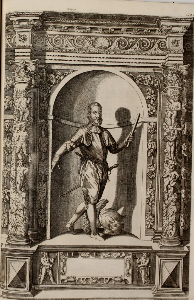 An illustration from Augustissimorum imperatorum, serenissimorum regum, atque archiducum, illustrissimorum principum, necnon comitum, baronum, nobilium, aliorumq[ue] clarissimorum virorum, qui aut ipsi cum imperio bellorum duces fuerunt, aut in iisdem præfecturis insignioribus laudabiliter functi sunt, verissimæ imagines, & rerum ab ipsis domi, forisq[ue] gestarum succinctæ descriptiones. Quorum arma, aut integra, aut horum partes, quibus induti, vsique aduersus hostem heroica facinora patrarunt, aut quorum auspiciis tàm prospera quàm aduersa fortuna res magnæ gestæ sunt, à serenissimo principe Ferdinando, archiduce Austriæ, duce Burgundiæ, comte Habspurgi & Tyrolis &c. ex omnibus ferè orbis terrarum prouinciis partim conquista, partim ab illorum hæredibus & successoribus transmissa, in celebri Ambrosianæ arcis armamentario, à sua serenitate non procul ciutate Oenipontana extructo, conspiciuntur, 1601, leaf 174