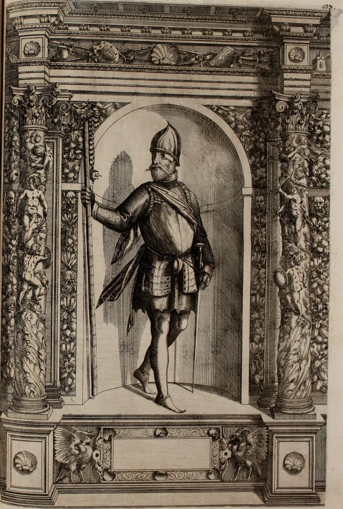 An illustration from Augustissimorum imperatorum, serenissimorum regum, atque archiducum, illustrissimorum principum, necnon comitum, baronum, nobilium, aliorumq[ue] clarissimorum virorum, qui aut ipsi cum imperio bellorum duces fuerunt, aut in iisdem præfecturis insignioribus laudabiliter functi sunt, verissimæ imagines, & rerum ab ipsis domi, forisq[ue] gestarum succinctæ descriptiones. Quorum arma, aut integra, aut horum partes, quibus induti, vsique aduersus hostem heroica facinora patrarunt, aut quorum auspiciis tàm prospera quàm aduersa fortuna res magnæ gestæ sunt, à serenissimo principe Ferdinando, archiduce Austriæ, duce Burgundiæ, comte Habspurgi & Tyrolis &c. ex omnibus ferè orbis terrarum prouinciis partim conquista, partim ab illorum hæredibus & successoribus transmissa, in celebri Ambrosianæ arcis armamentario, à sua serenitate non procul ciutate Oenipontana extructo, conspiciuntur, 1601, leaf 176