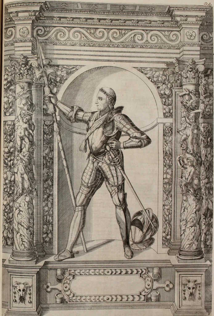 An illustration from Augustissimorum imperatorum, serenissimorum regum, atque archiducum, illustrissimorum principum, necnon comitum, baronum, nobilium, aliorumq[ue] clarissimorum virorum, qui aut ipsi cum imperio bellorum duces fuerunt, aut in iisdem præfecturis insignioribus laudabiliter functi sunt, verissimæ imagines, & rerum ab ipsis domi, forisq[ue] gestarum succinctæ descriptiones. Quorum arma, aut integra, aut horum partes, quibus induti, vsique aduersus hostem heroica facinora patrarunt, aut quorum auspiciis tàm prospera quàm aduersa fortuna res magnæ gestæ sunt, à serenissimo principe Ferdinando, archiduce Austriæ, duce Burgundiæ, comte Habspurgi & Tyrolis &c. ex omnibus ferè orbis terrarum prouinciis partim conquista, partim ab illorum hæredibus & successoribus transmissa, in celebri Ambrosianæ arcis armamentario, à sua serenitate non procul ciutate Oenipontana extructo, conspiciuntur, 1601, leaf 178